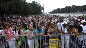 Thousands of people have braved rain in Washington DC to commemorate a half century since Martin Luther King's "I have a dream" speech